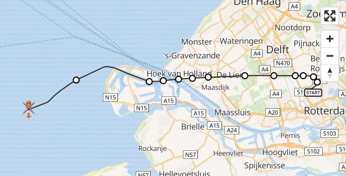 Vluchtroute Kustwachthelikopter van Rotterdam The Hague Airport naar 