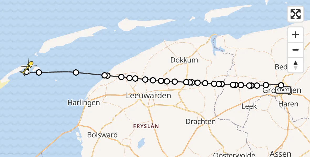Routekaart van de vlucht: Ambulancehelikopter naar Vlieland Heliport, Star Numanstraat