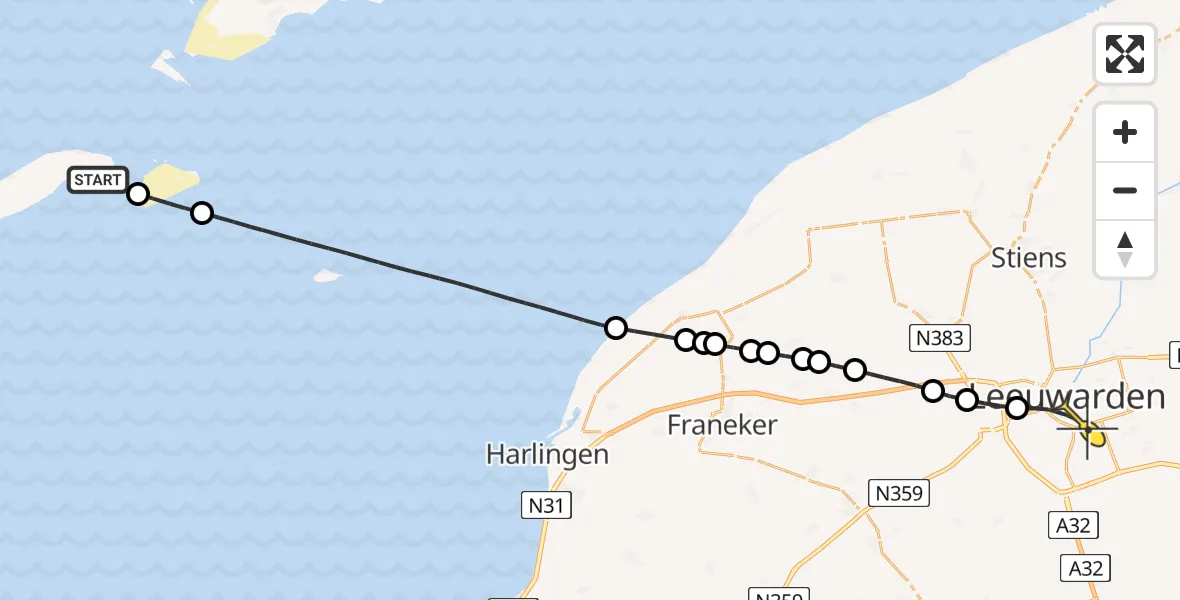 Routekaart van de vlucht: Ambulancehelikopter naar Leeuwarden, Aldlânsdyk