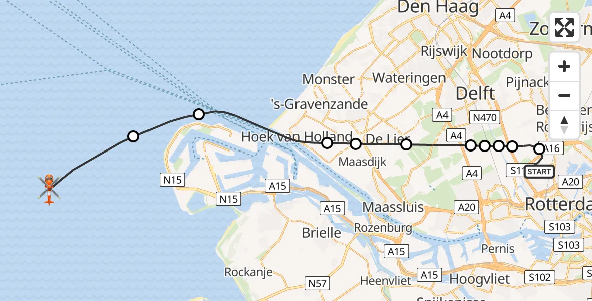 Vluchtroute Kustwachthelikopter van Rotterdam The Hague Airport naar 