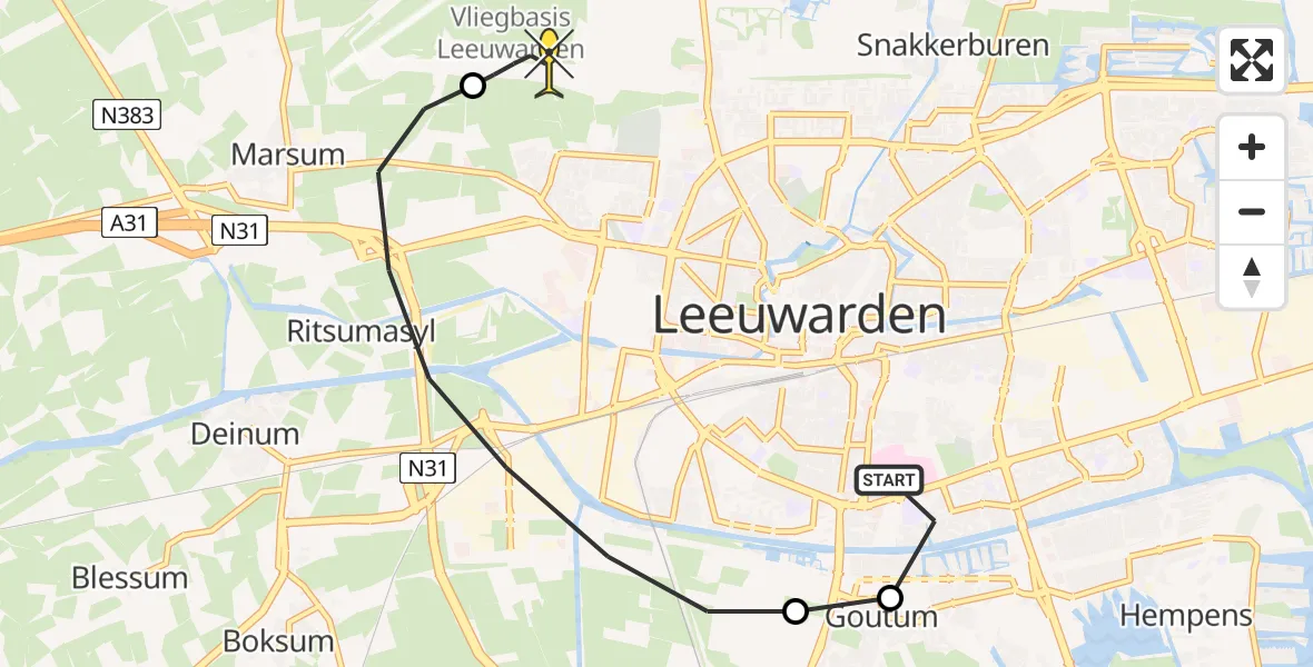 Routekaart van de vlucht: Ambulancehelikopter naar Vliegbasis Leeuwarden, Wergeasterdyk
