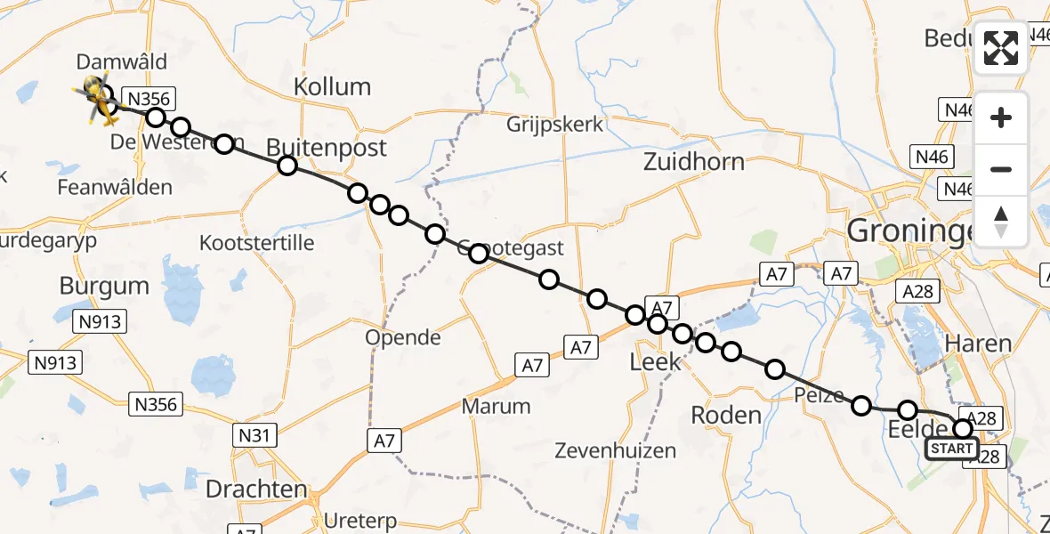 Vluchtroute Traumahelikopter Groningen Airport Eelde - Broeksterwâld, 03 april 2025, 16:48