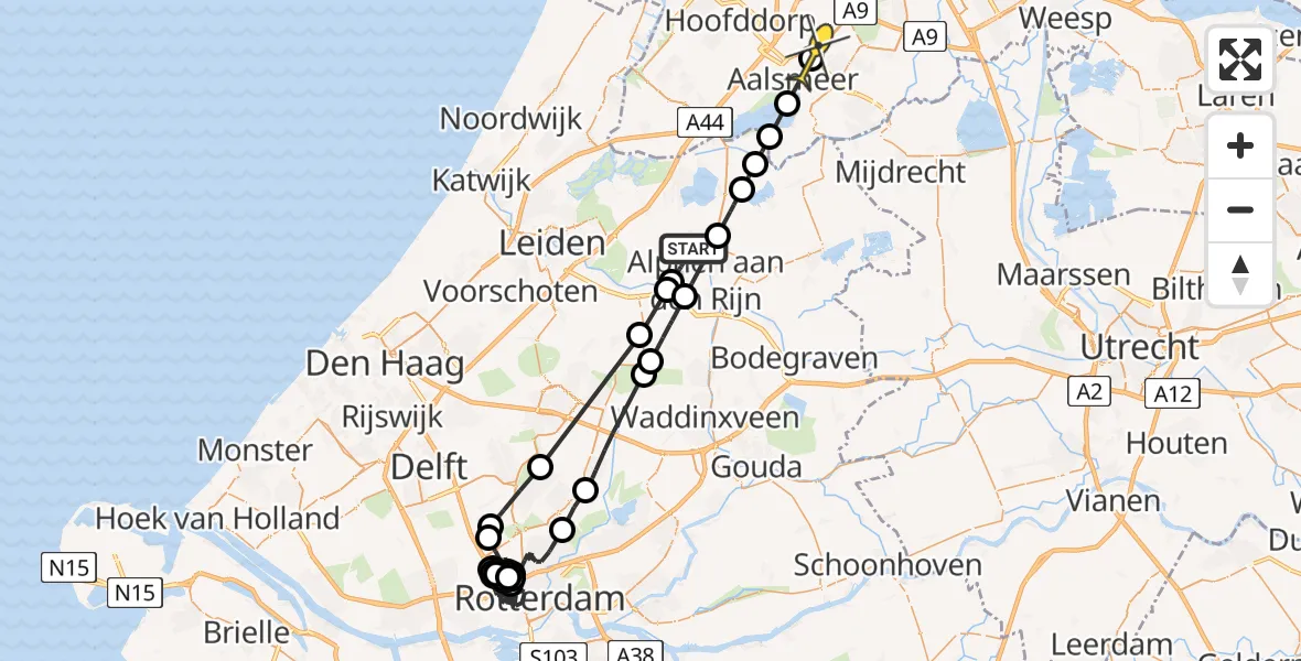 Routekaart van de vlucht: Politiehelikopter naar Schiphol-Rijk, Leidse Schouw