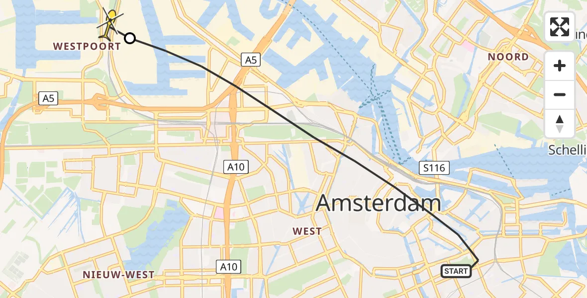 Routekaart van de vlucht: Lifeliner 1 naar Amsterdam Heliport, Entrepotdok