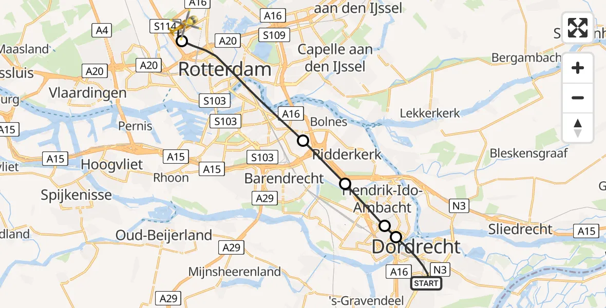 Vluchtroute Traumahelikopter Dordrecht - Rotterdam The Hague Airport, 04 april 2025, 09:50