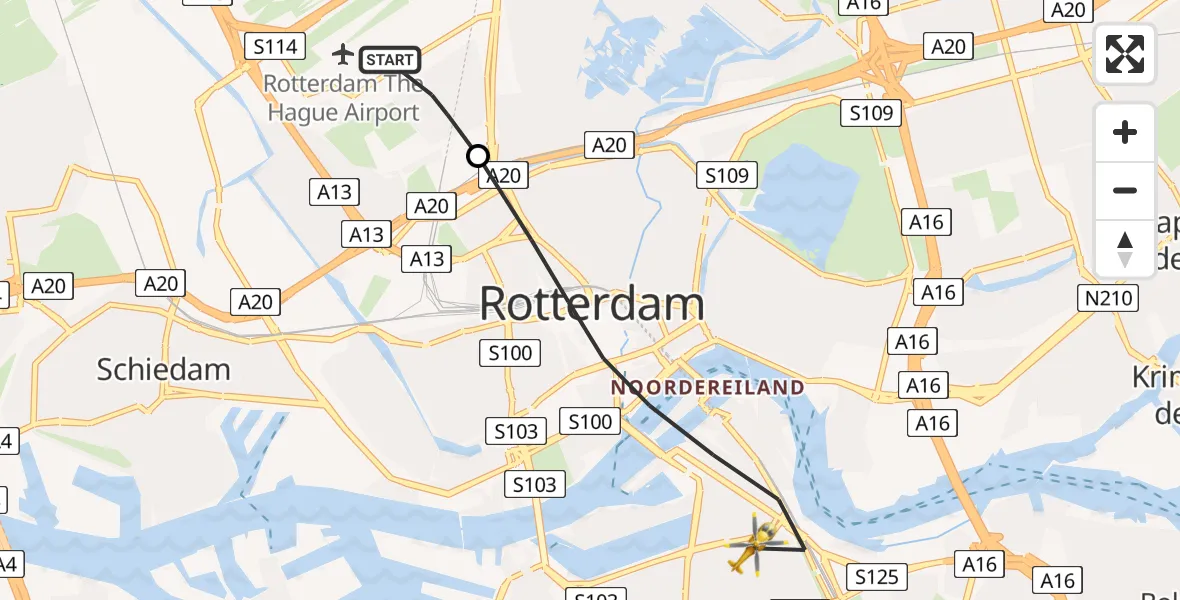 Vluchtroute Traumahelikopter Rotterdam The Hague Airport - Rotterdam, 04 april 2025, 11:45
