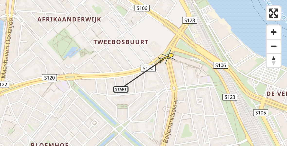 Routekaart van de vlucht: Lifeliner 2 naar Rotterdam, 2e Rosestraat