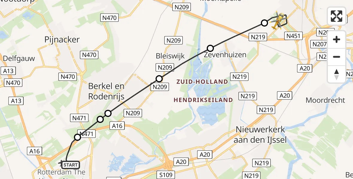 Vluchtroute Traumahelikopter Rotterdam The Hague Airport - Waddinxveen, 04 april 2025, 12:52