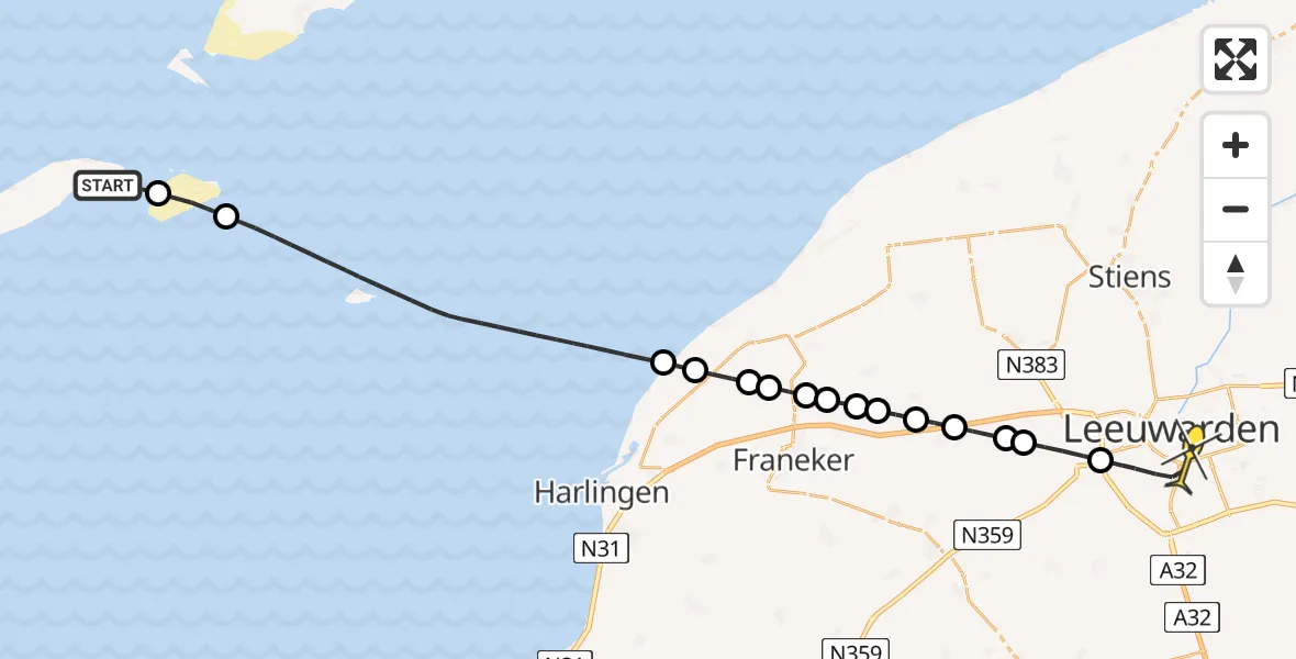 Routekaart van de vlucht: Ambulancehelikopter naar Leeuwarden, Vliesloot