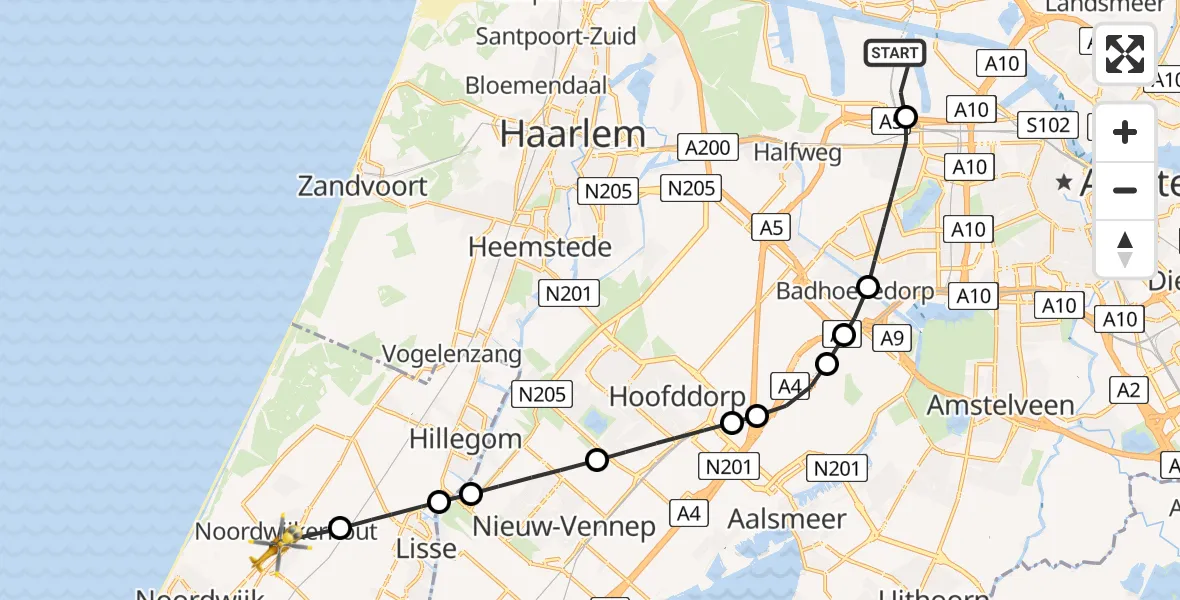 Vluchtroute Traumahelikopter Amsterdam Heliport - Noordwijkerhout, 04 april 2025, 14:52