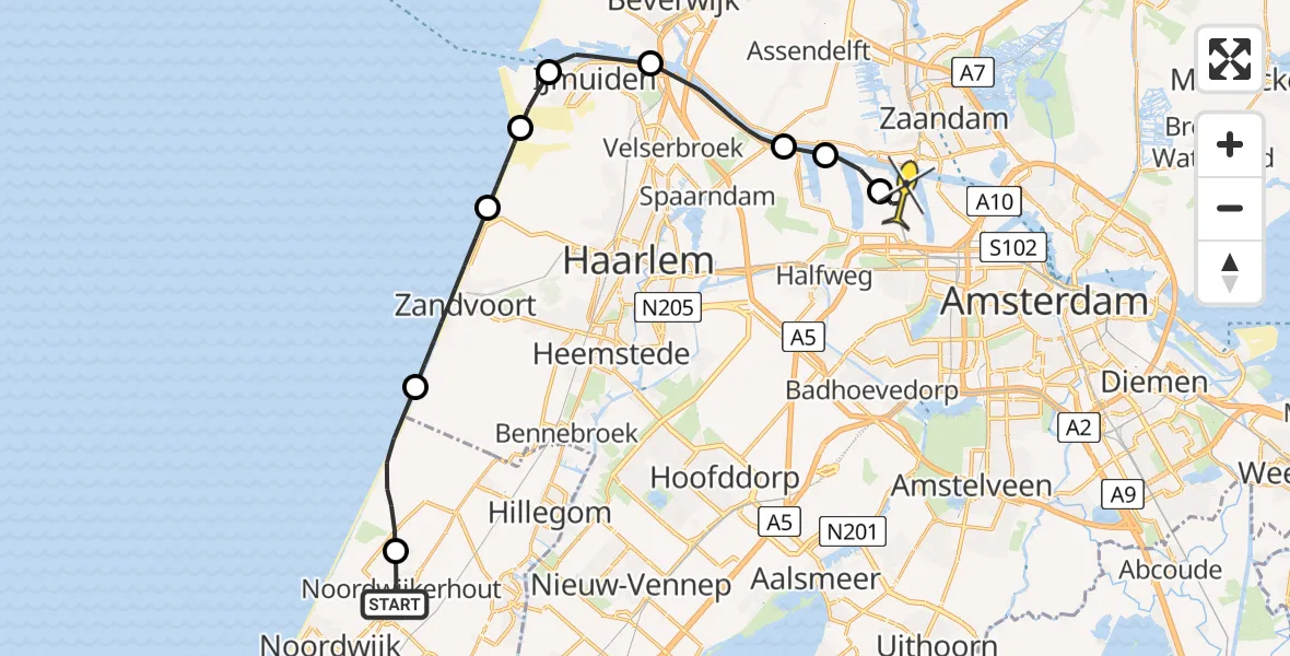 Routekaart van de vlucht: Lifeliner 1 naar Amsterdam Heliport, 't Hoogtlaan