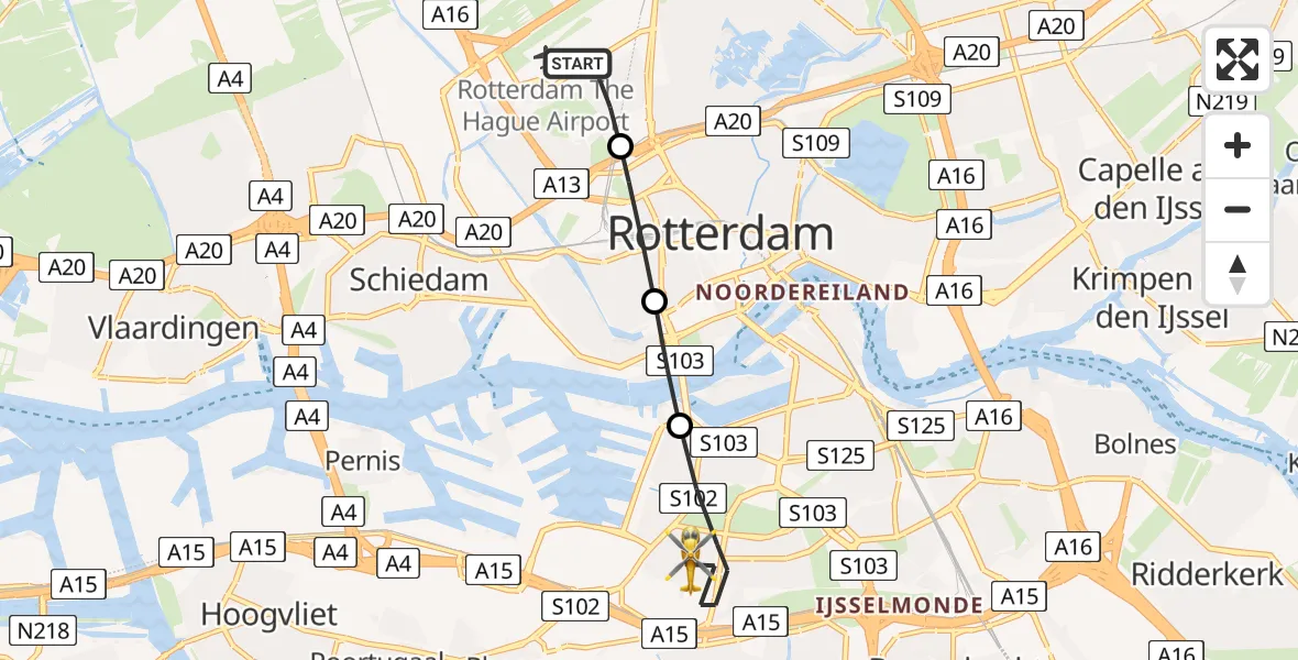 Vluchtroute Traumahelikopter Rotterdam The Hague Airport - Rotterdam, 04 april 2025, 15:39
