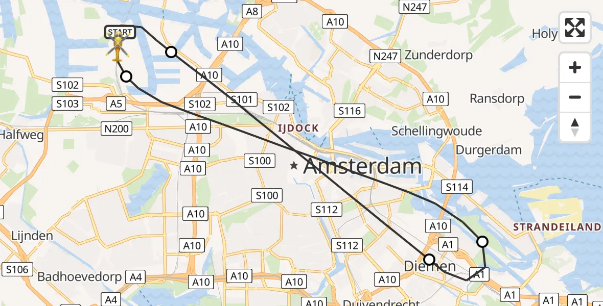 Vluchtroute Traumahelikopter Amsterdam Heliport - Amsterdam Heliport, 04 april 2025, 19:23
