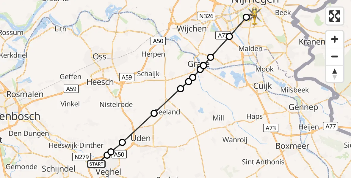 Vluchtroute Traumahelikopter Veghel - Radboud Universitair Medisch Centrum, 04 april 2025, 20:31