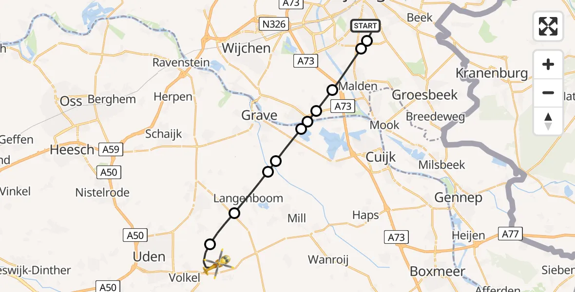 Vluchtroute Traumahelikopter Radboud Universitair Medisch Centrum - Vliegbasis Volkel, 04 april 2025, 21:03