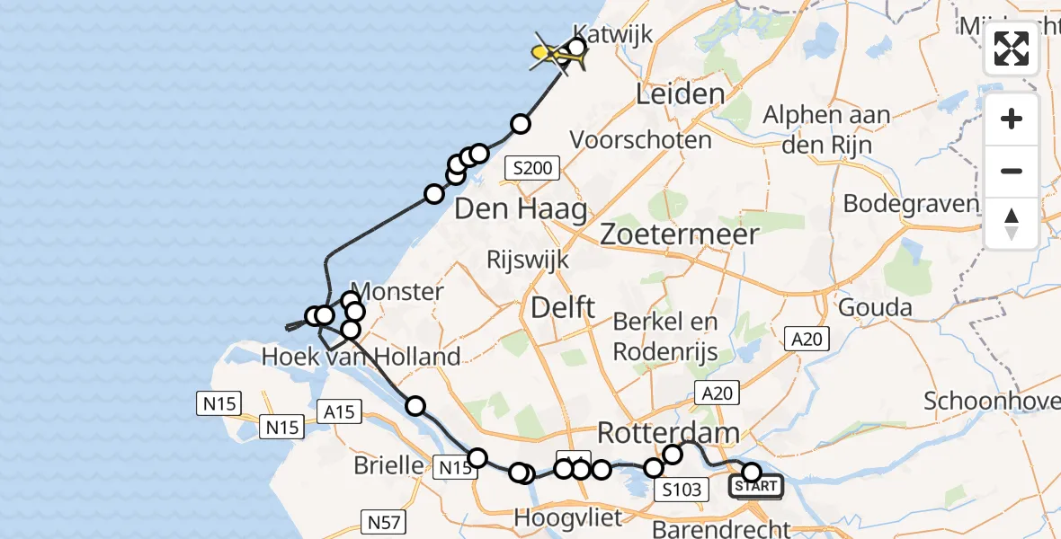 Routekaart van de vlucht: Politiehelikopter naar Wassenaar, Kievitsweg