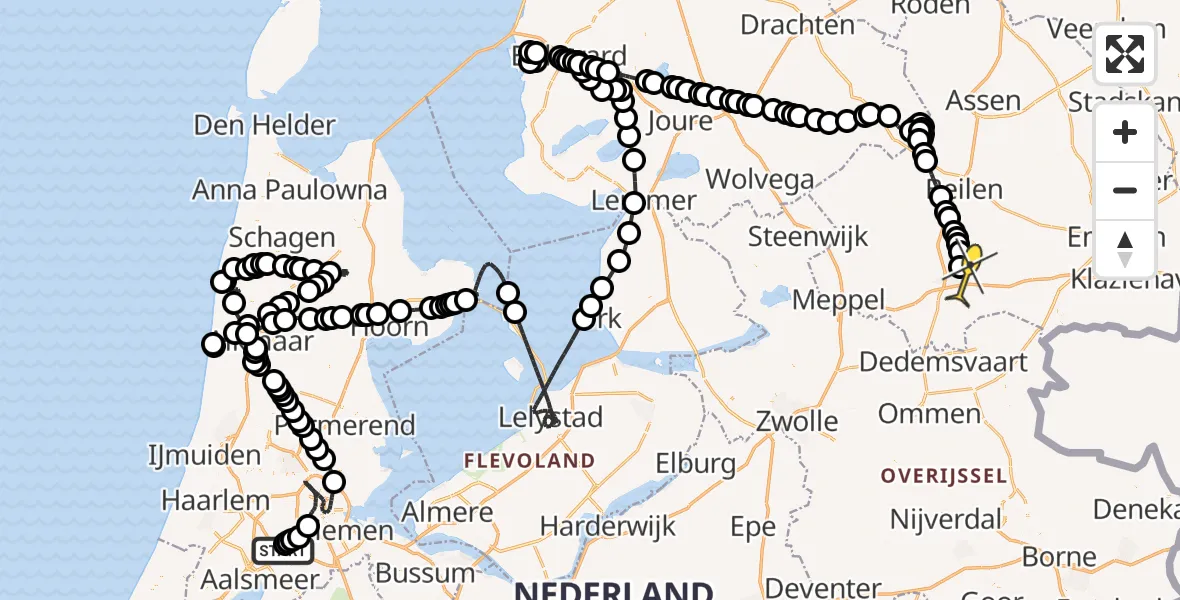 Routekaart van de vlucht: Politiehelikopter naar Vliegveld Hoogeveen, Nieuwe Meerlaan