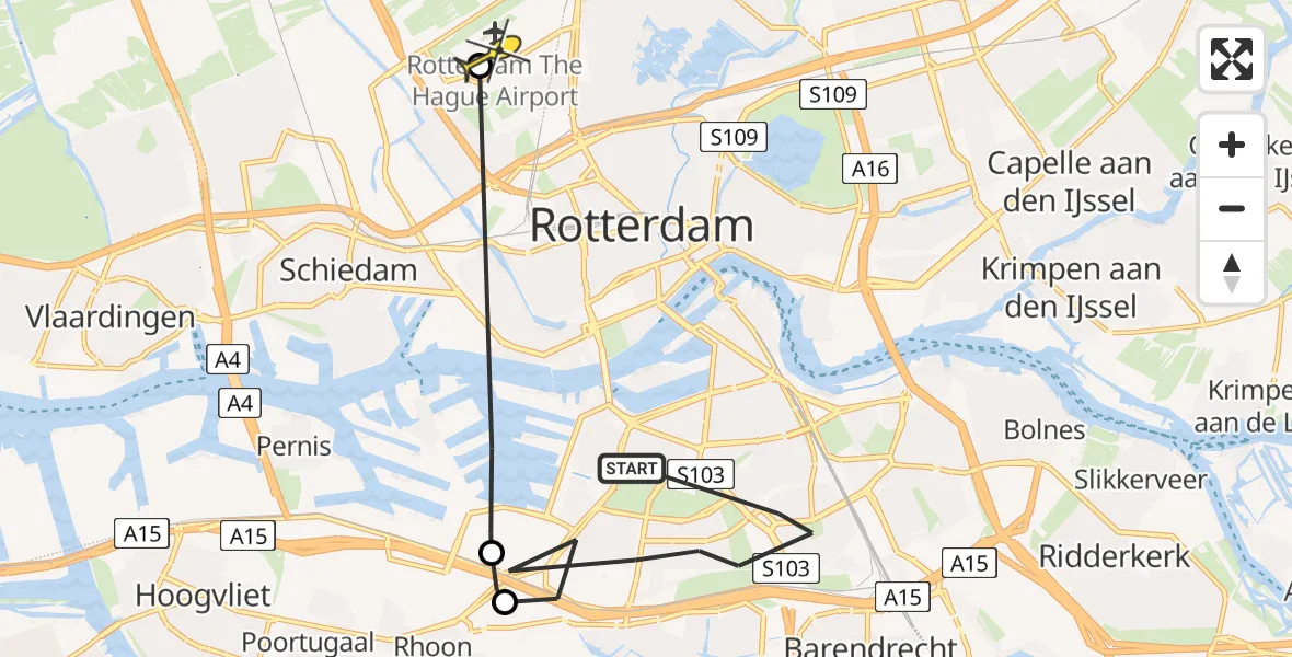 Routekaart van de vlucht: Politiehelikopter naar Rotterdam The Hague Airport, Ahoyplein