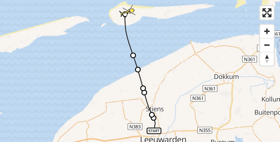 Routekaart van de vlucht: Ambulancehelikopter naar Ameland Airport Ballum, Keegsdijkje
