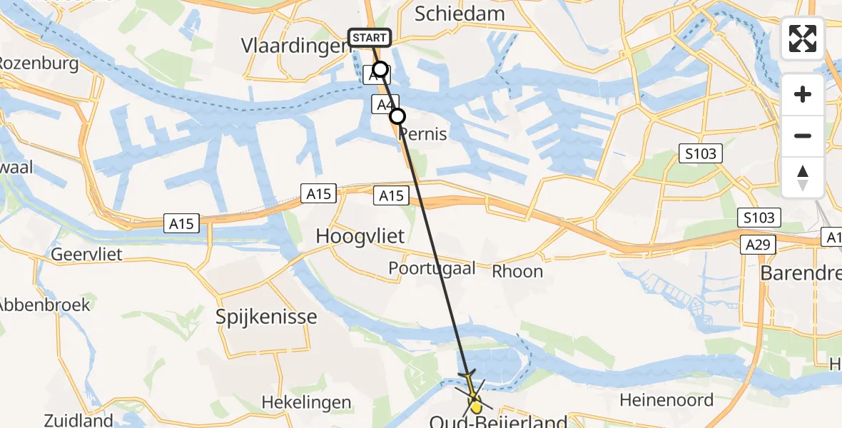 Routekaart van de vlucht: Politiehelikopter naar Oud-Beijerland, Tarwezand
