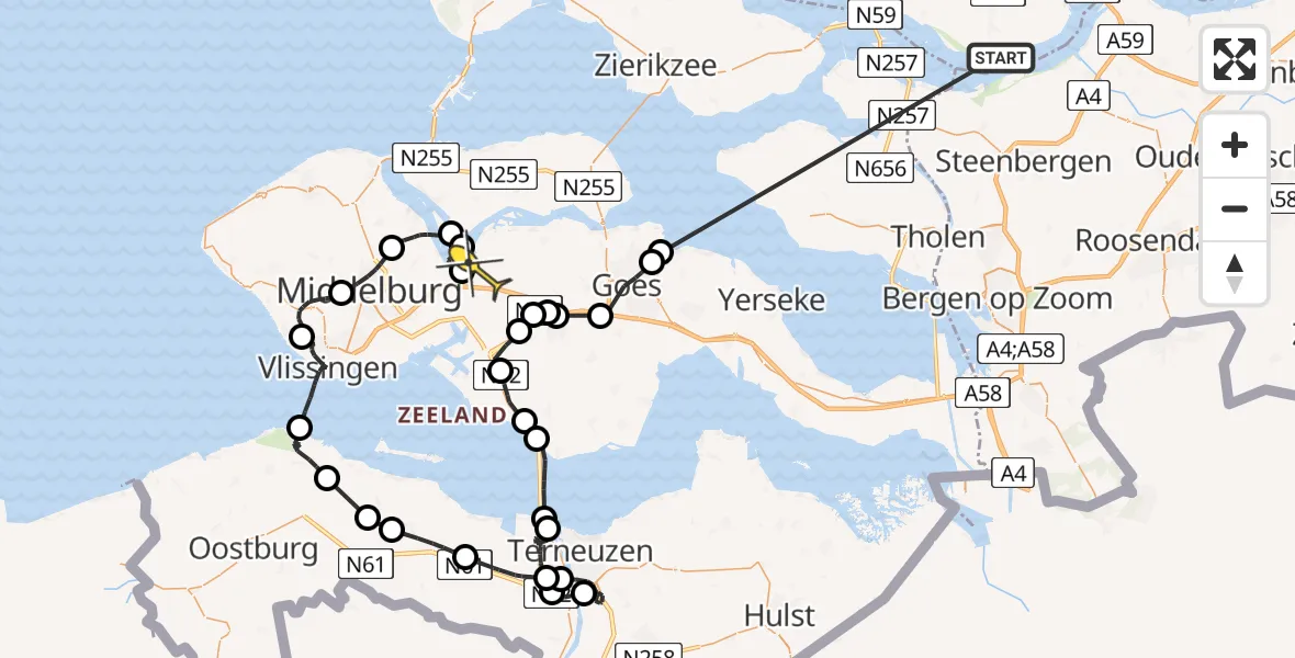 Routekaart van de vlucht: Politiehelikopter naar Vliegveld Midden-Zeeland, Kapelse Wegje
