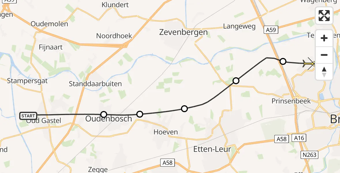 Routekaart van de vlucht: Politiehelikopter naar Breda, Meirstraat
