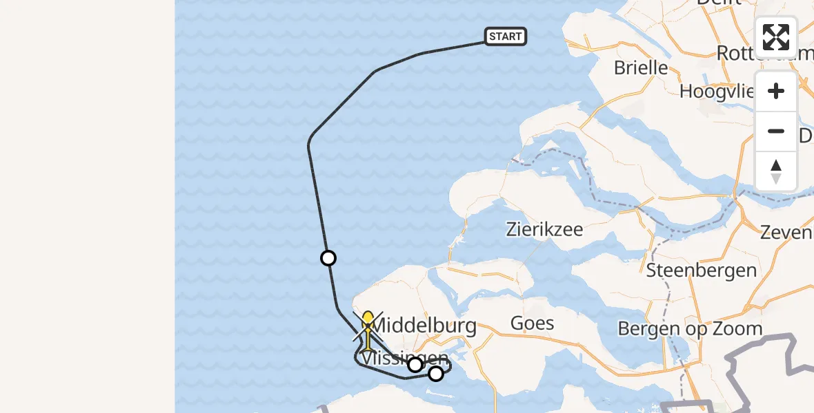 Routekaart van de vlucht: Politiehelikopter naar Vlissingen