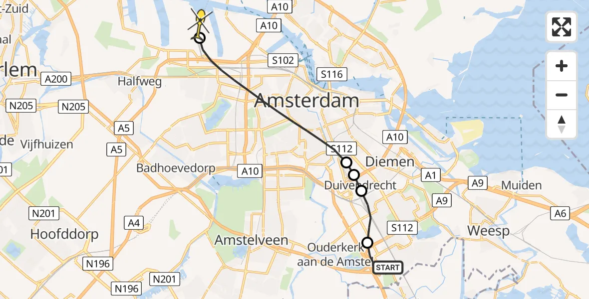 Routekaart van de vlucht: Lifeliner 1 naar Amsterdam Heliport, Hoogoorddreef