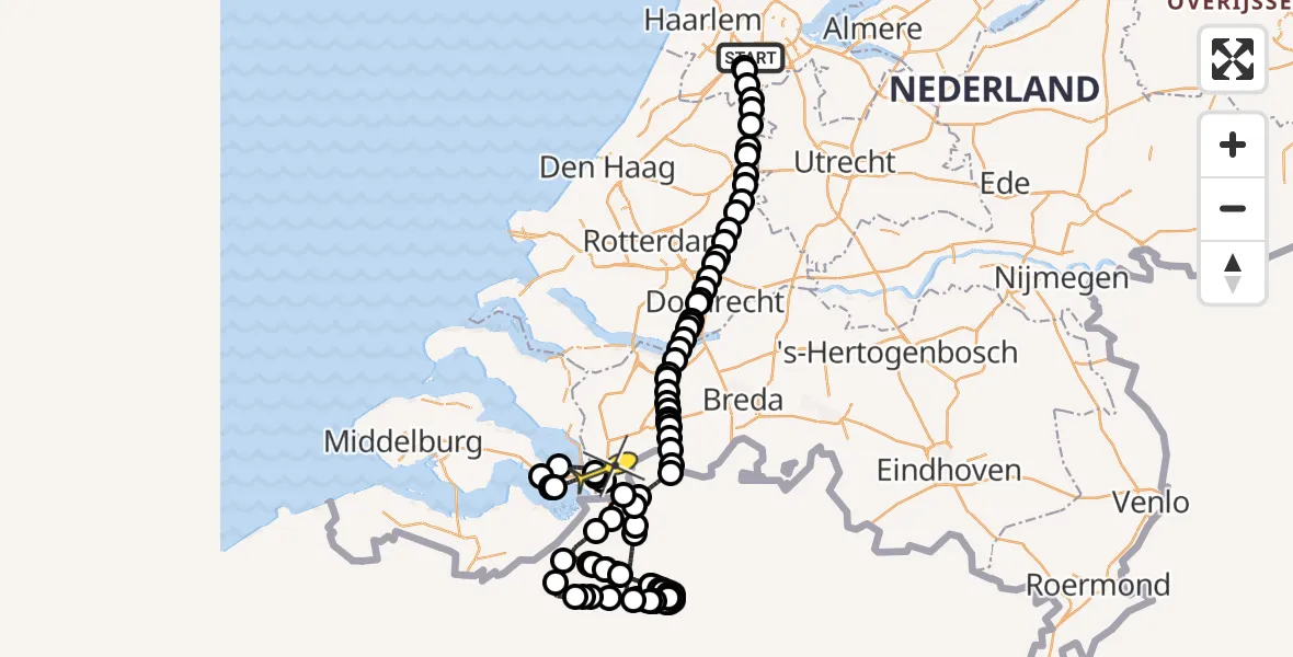 Routekaart van de vlucht: Politiehelikopter naar Woensdrecht, Amsterdam-Bataviaweg