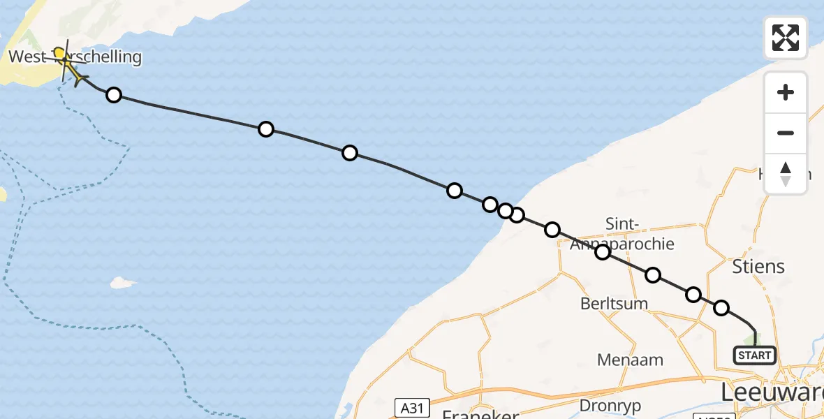 Routekaart van de vlucht: Ambulancehelikopter naar West-Terschelling, Keegsdijkje