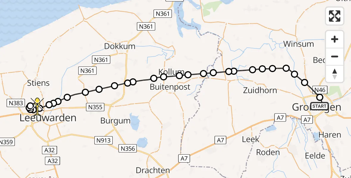 Vluchtroute Ambulancehelikopter van Universitair Medisch Centrum Groningen naar Vliegbasis Leeuwarden