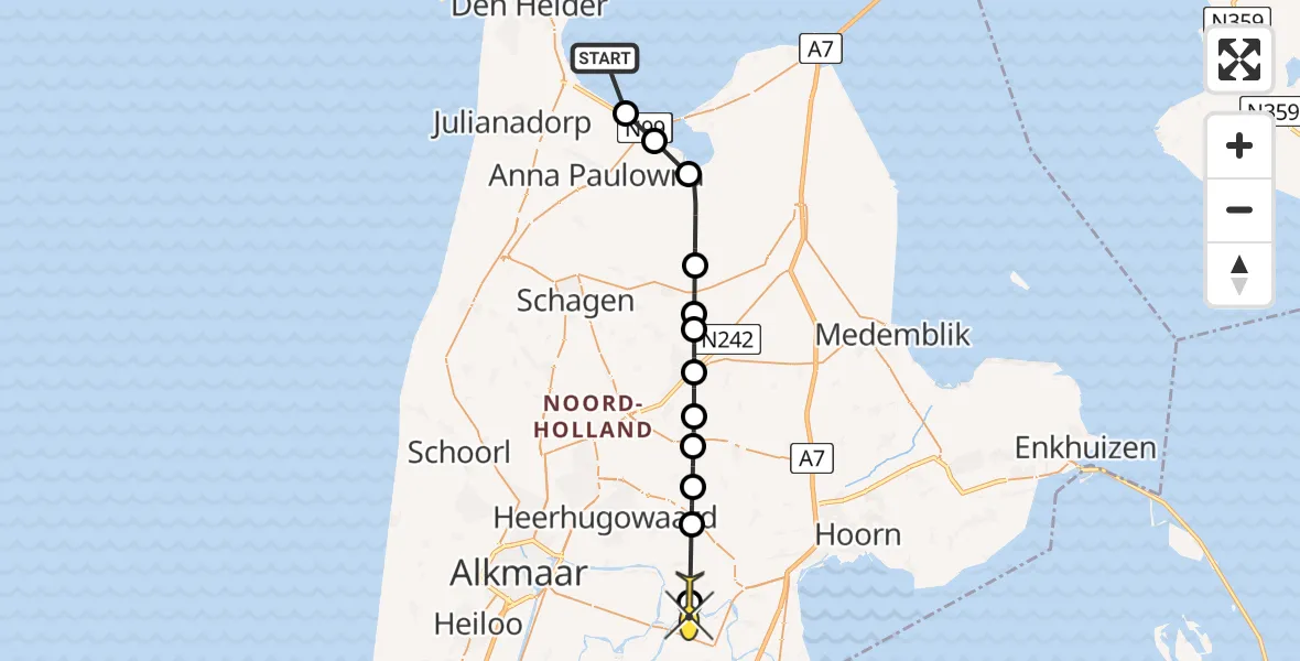 Routekaart van de vlucht: Politiehelikopter naar Schermerhorn, Balgweg