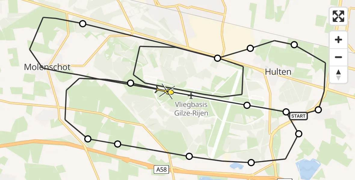 Routekaart van de vlucht: Traumahelikopter naar Vliegbasis Gilze-Rijen, Koolhovenlaan