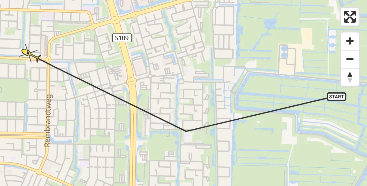 Routekaart van de vlucht: Politiehelikopter naar Amstelveen, Oostelijk Halfrond