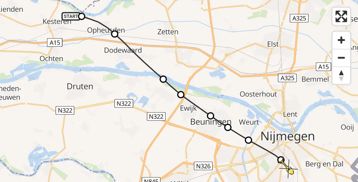 Routekaart van de vlucht: Lifeliner 3 naar Radboud Universitair Medisch Centrum, Rijnbandijk
