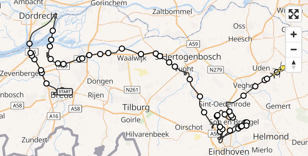Routekaart van de vlucht: Politiehelikopter naar Vliegbasis Volkel, Terheijdenseweg