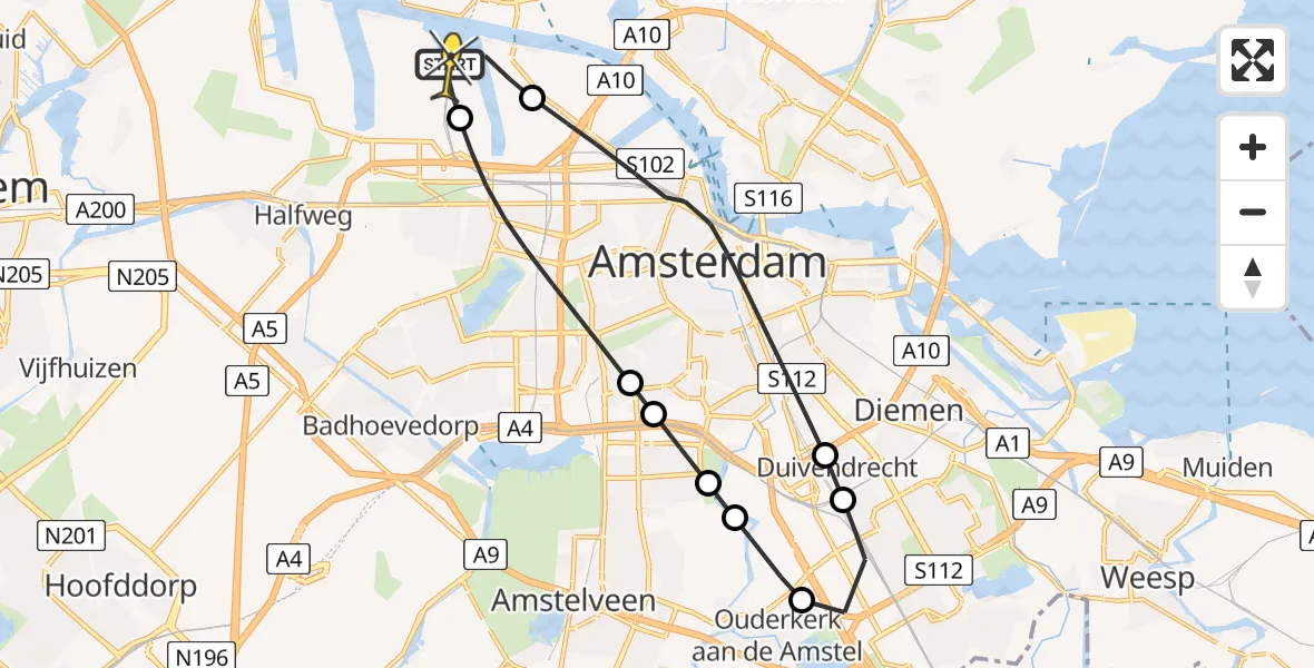 Routekaart van de vlucht: Lifeliner 1 naar Amsterdam Heliport, Westhavenweg
