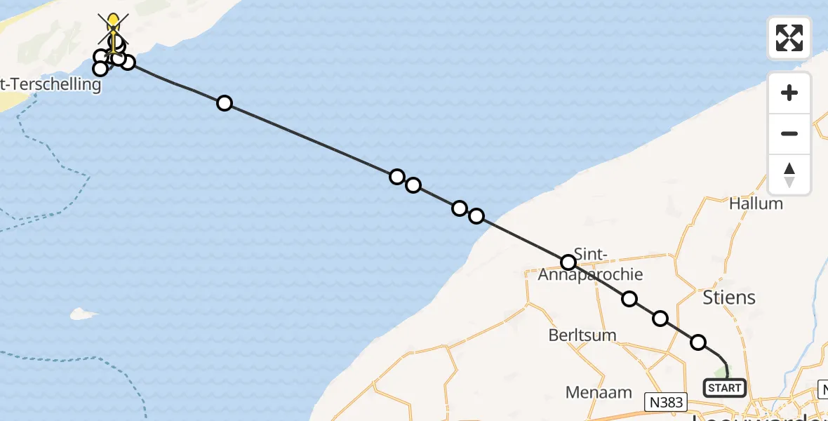 Routekaart van de vlucht: Ambulancehelikopter naar Midsland, Bitgumerlân