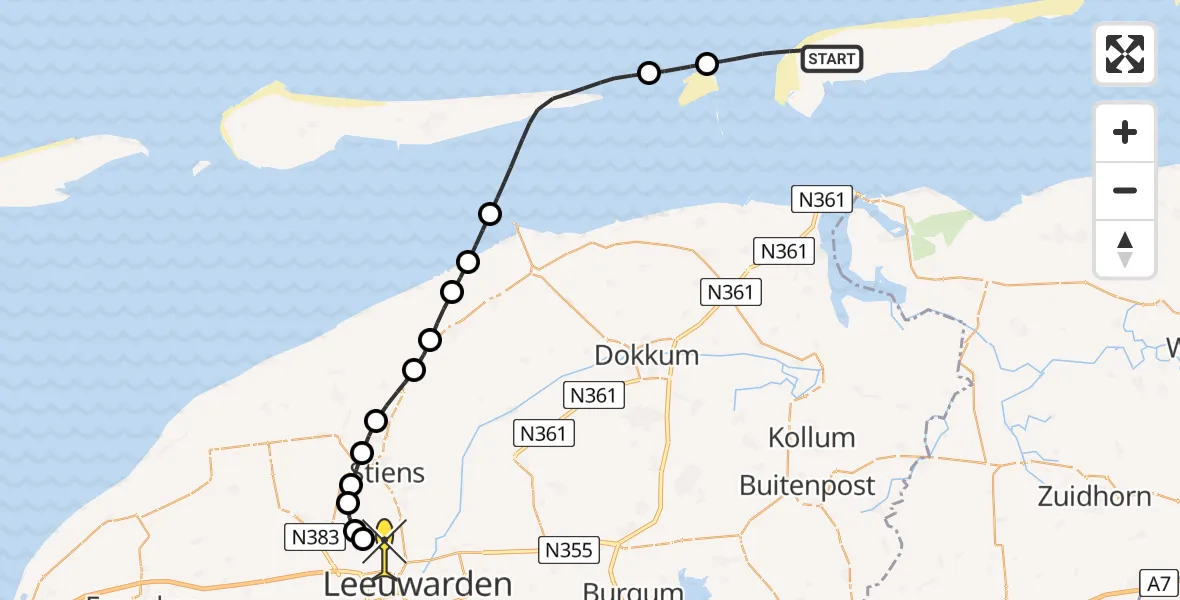 Routekaart van de vlucht: Ambulancehelikopter naar Vliegbasis Leeuwarden, Hoofdstrand 3