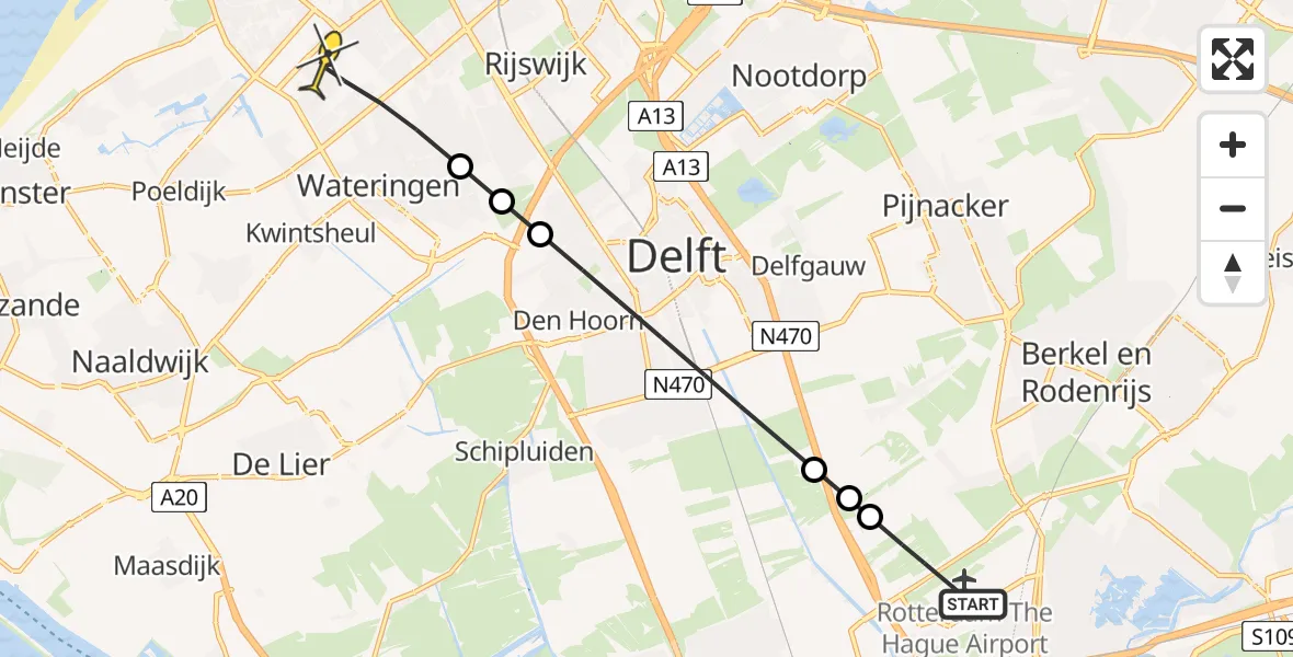 Routekaart van de vlucht: Lifeliner 2 naar Den Haag, Eekhoornrade