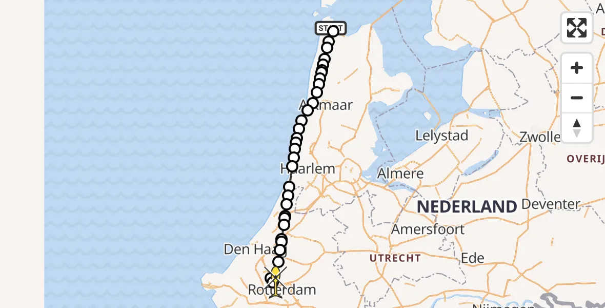 Routekaart van de vlucht: Kustwachthelikopter naar Rotterdam The Hague Airport, Oostoeverweg