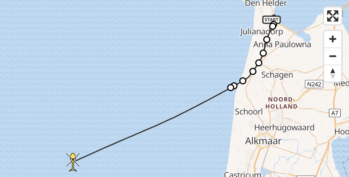 Vluchtroute Kustwachthelikopter van Vliegveld De Kooy naar 