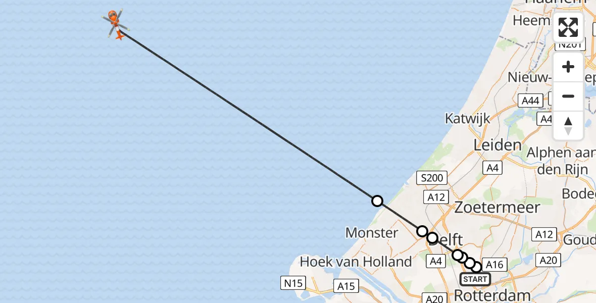 Vluchtroute Kustwachthelikopter van Rotterdam The Hague Airport naar 