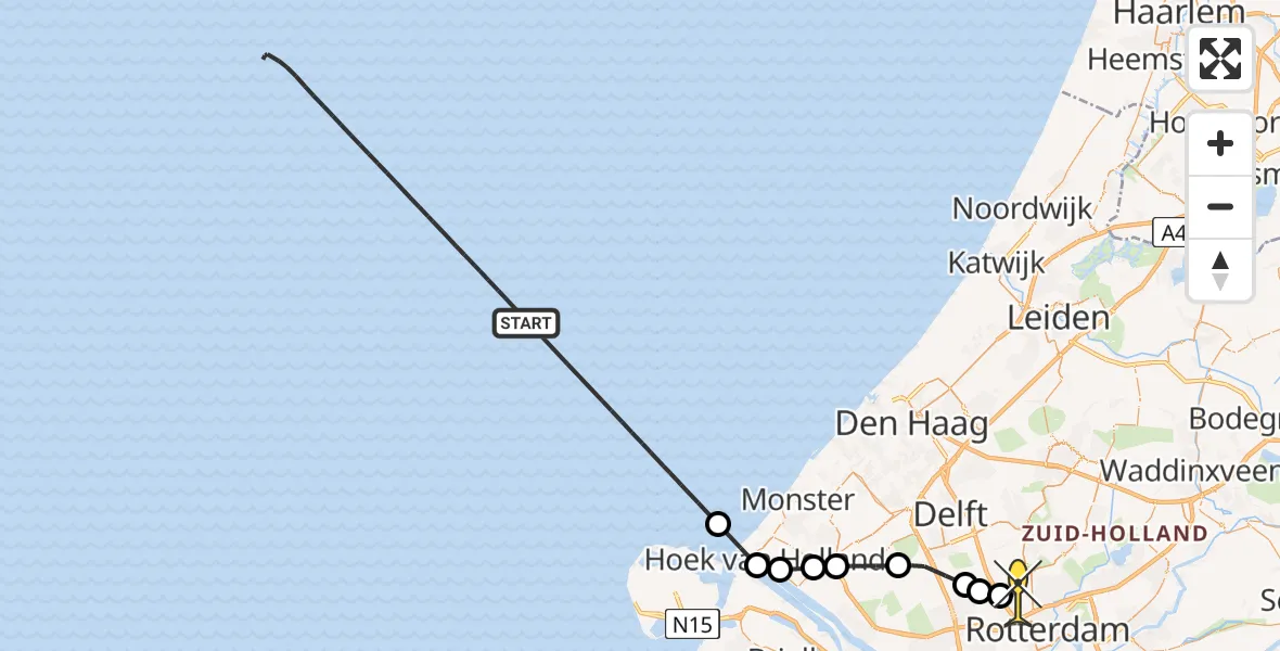 Routekaart van de vlucht: Kustwachthelikopter naar Rotterdam The Hague Airport, Malpensabaan