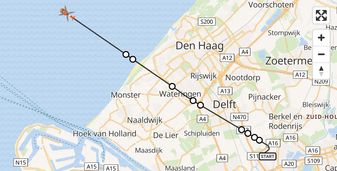 Vluchtroute Kustwachthelikopter van Rotterdam The Hague Airport naar 