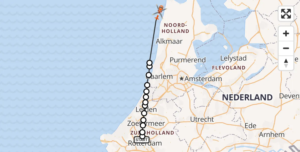Vluchtroute Kustwachthelikopter van Rotterdam The Hague Airport naar 