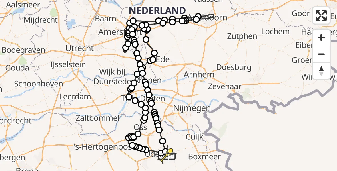 Routekaart van de vlucht: Politieheli naar Vliegbasis Volkel, Zeelandsedijk