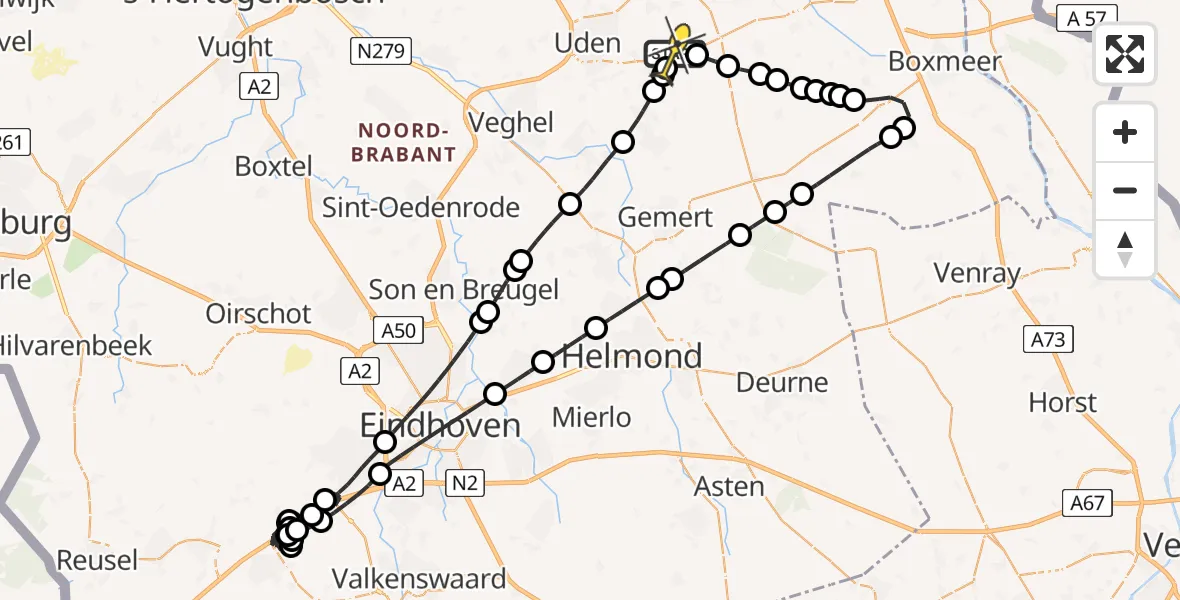 Vluchtroute Politiehelikopter van Vliegbasis Volkel naar Vliegbasis Volkel