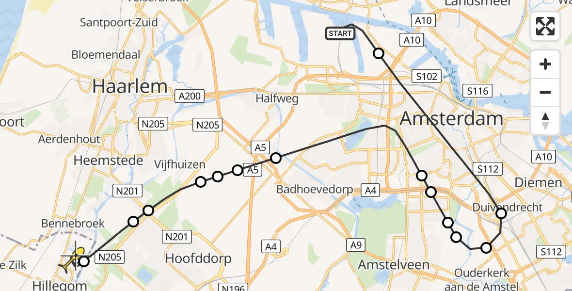 Routekaart van de vlucht: Lifeliner 1 naar Hillegom, Westhavenweg