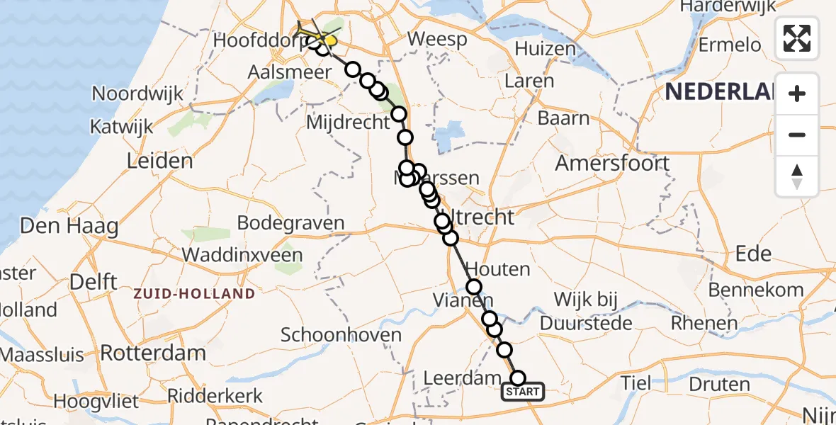 Routekaart van de vlucht: Politiehelikopter naar Schiphol, Marienwaerdt De Els
